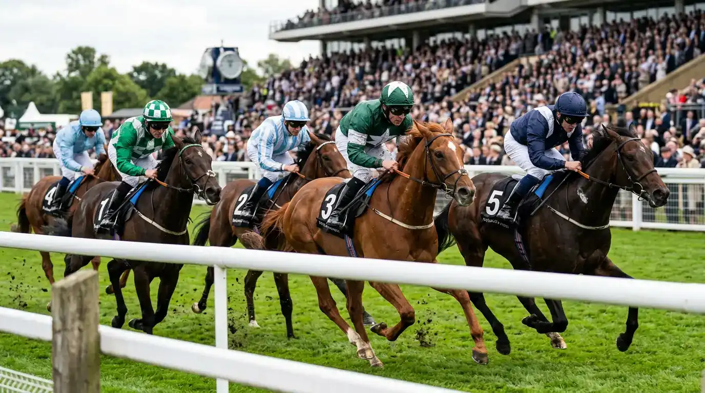 Horses and jockeys racing closely together during a competitive UK flat race