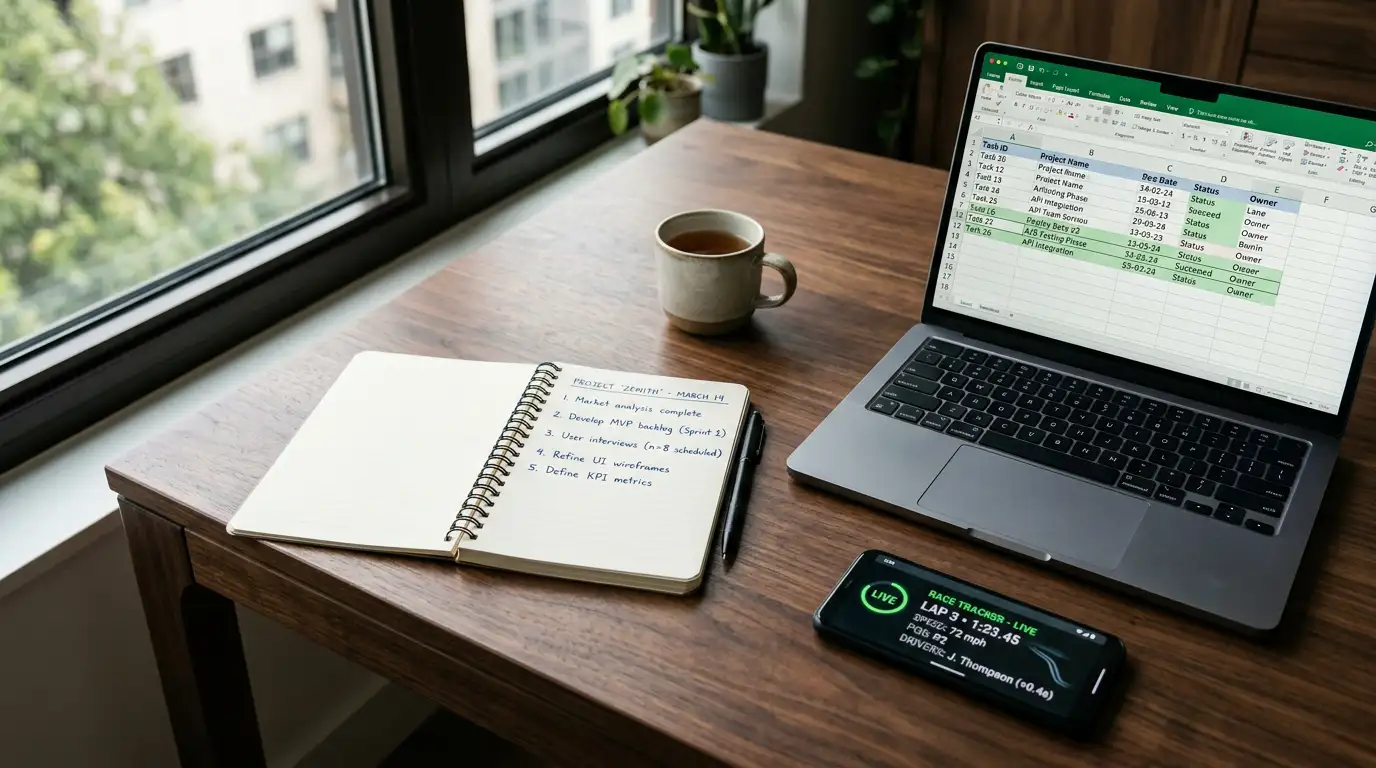 Notebook with handwritten notes beside a laptop displaying a horse racing form database