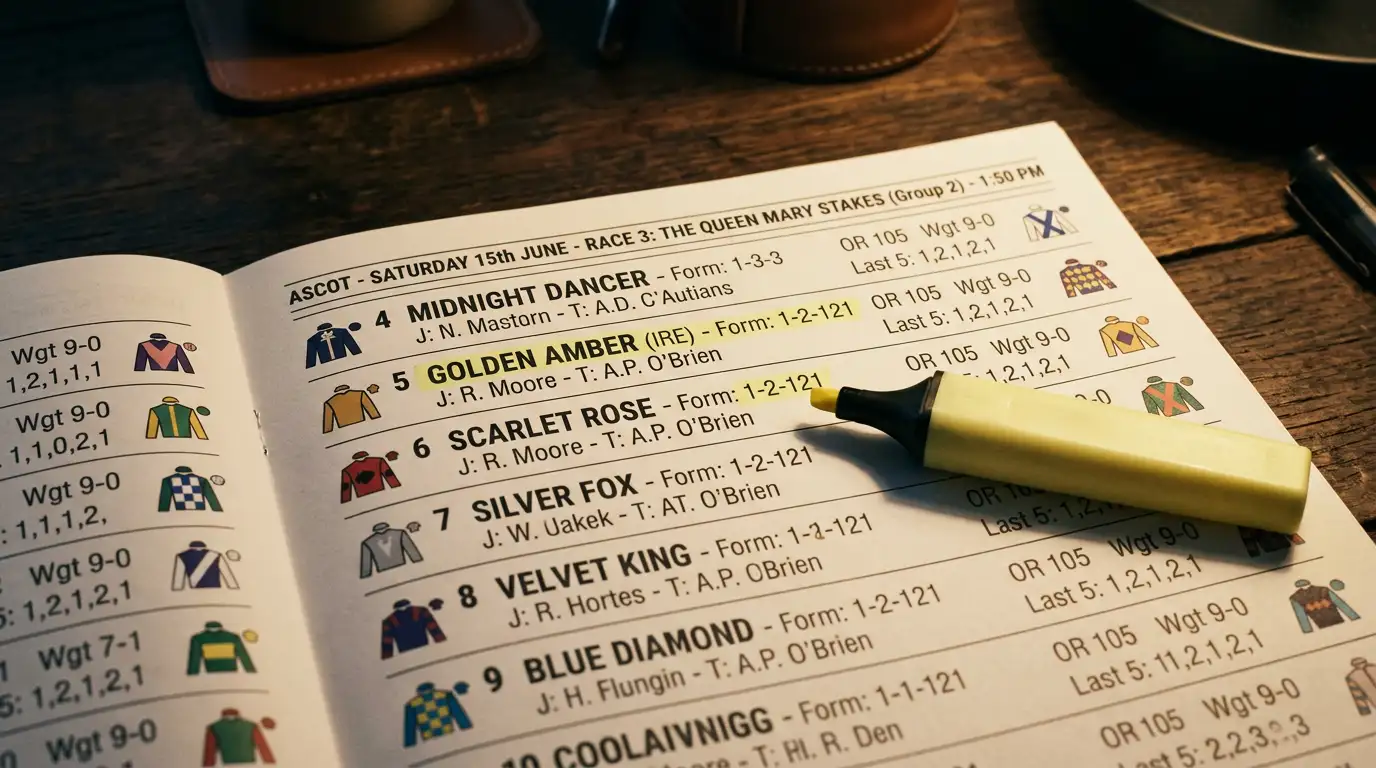 Close-up of a UK horse racing racecard with form figures and ratings visible