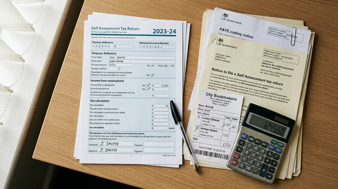 UK government HMRC paperwork alongside a horse racing betting slip showing the punter winnings tax-free status