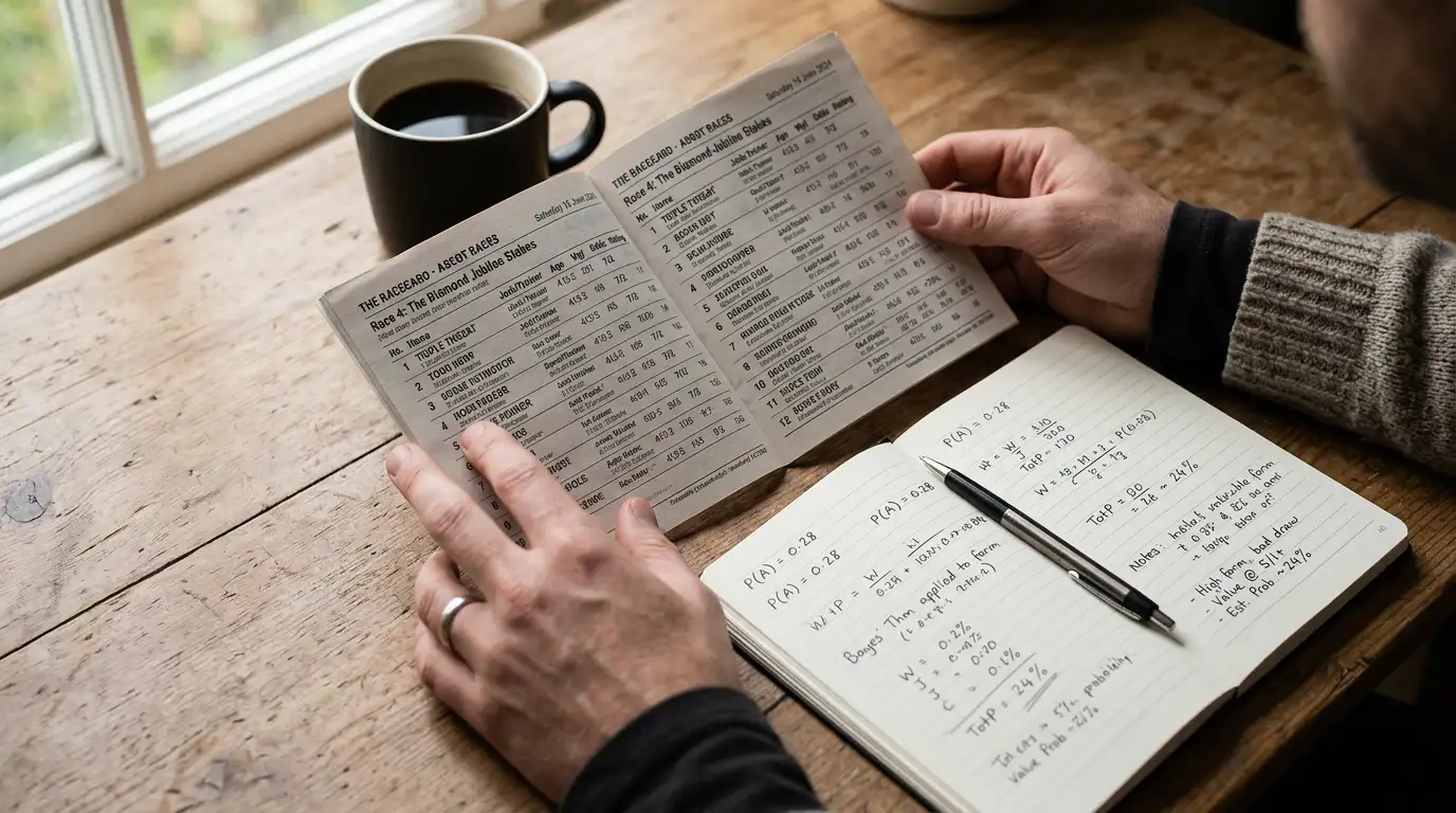 Person studying horse racing form data and odds on a desk with printed racecards